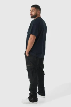 Plus Slim Flare Zip Gusset Overdye Acid Wash Cargo Trouser In Black