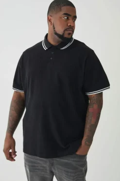 Plus Slim Tipped Pique Polo In Black