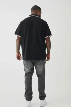 Plus Slim Tipped Pique Polo In Black