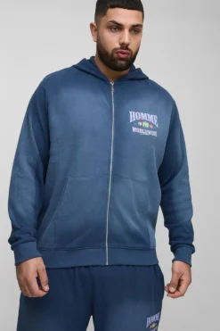 Plus Spray Wash Waffle Graphic Zip Up Hoodie