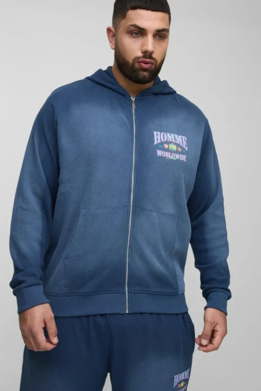 Plus Spray Wash Waffle Graphic Zip Up Hoodie