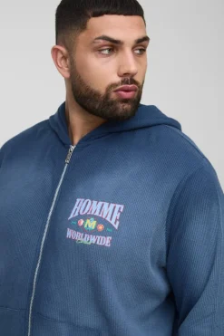Plus Spray Wash Waffle Graphic Zip Up Hoodie