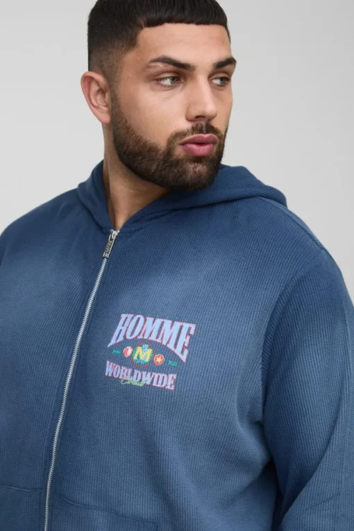 Plus Spray Wash Waffle Graphic Zip Up Hoodie