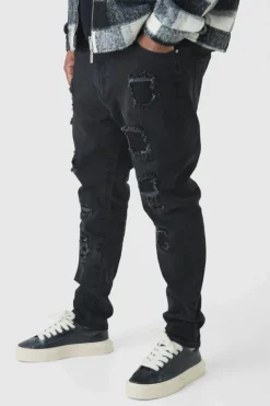 Plus Super Skinny Stretch Biker Rip & Repair Jeans in Washed Black