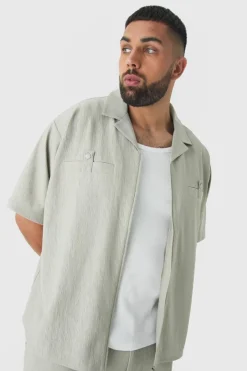 Plus Textured Pleated Zip Up Shirt