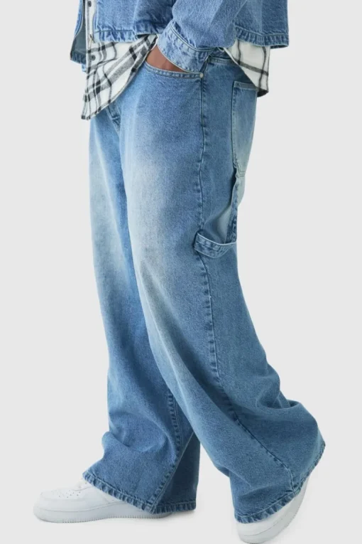 Plus Washed Adjustable Waist Baggy Carpenter Jeans