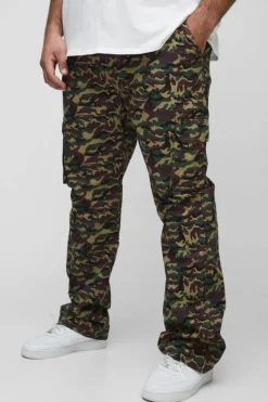 Plus Washed Ripstop Stacked Zip Hem Camo Cargo Trousers