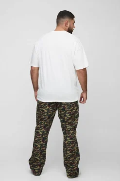 Plus Washed Ripstop Stacked Zip Hem Camo Cargo Trousers
