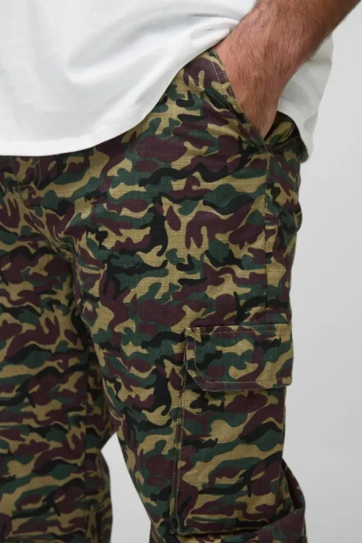 Plus Washed Ripstop Stacked Zip Hem Camo Cargo Trousers