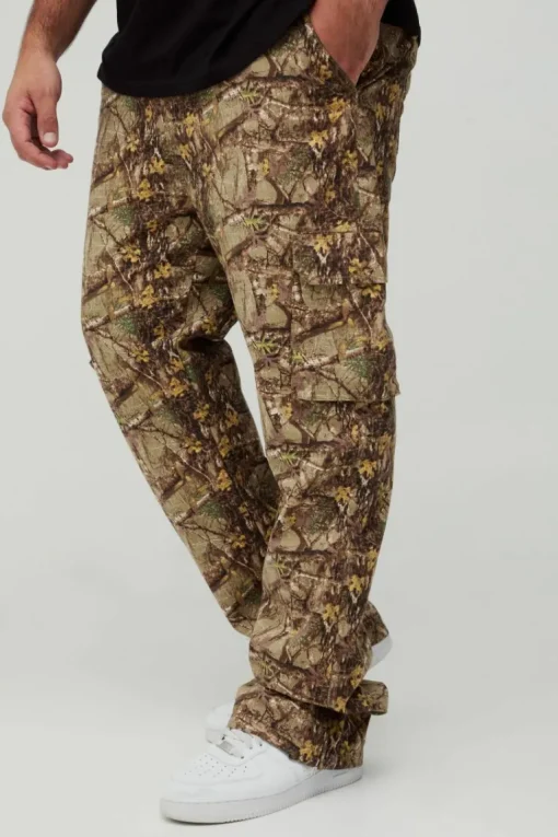 Plus Washed Ripstop Stacked Zip Hem Forest Camo Cargo Trousers