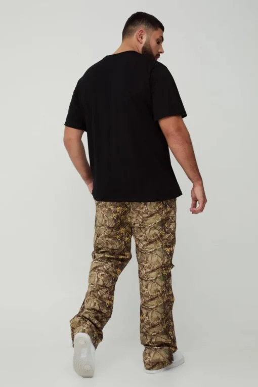 Plus Washed Ripstop Stacked Zip Hem Forest Camo Cargo Trousers
