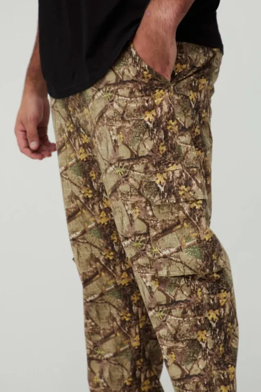 Plus Washed Ripstop Stacked Zip Hem Forest Camo Cargo Trousers