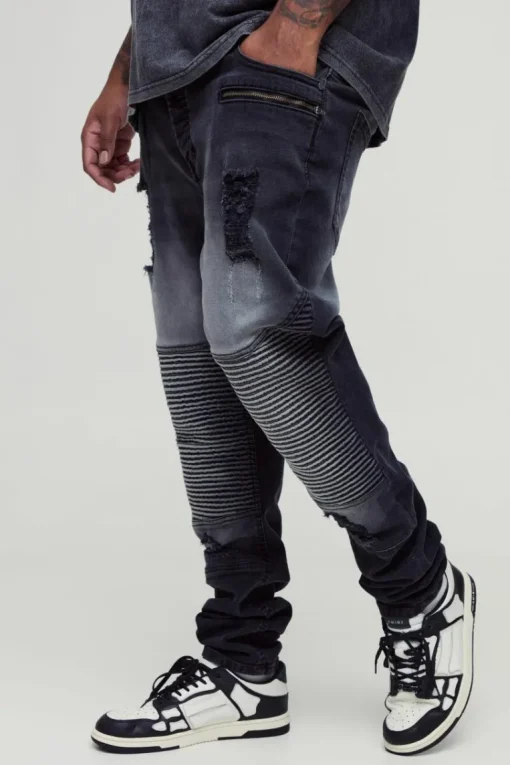 Plus Washed Zip Biker Distressed Skinny Jeans