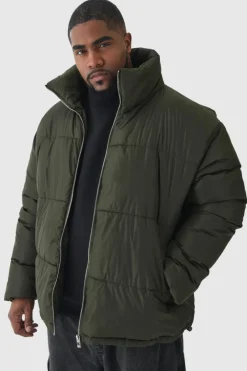 Plus Worldwide Applique Funnel Neck Puffer Jacket In Khaki
