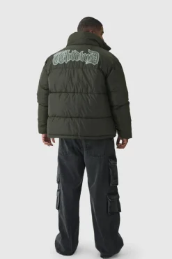 Plus Worldwide Applique Funnel Neck Puffer Jacket In Khaki
