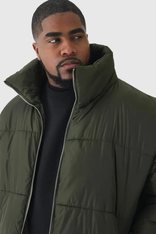 Plus Worldwide Applique Funnel Neck Puffer Jacket In Khaki