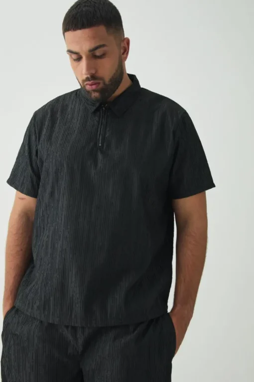Plus Woven Rib Texture Shirt and Trouser Set