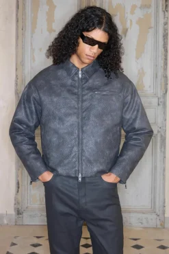 Premium Boxy Fit Faux Leather Harrington Jacket In Charcoal
