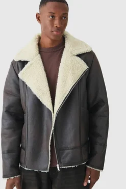 PU Borg Collar Aviator Jacket In Dark Brown