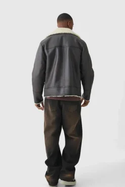 PU Borg Collar Aviator Jacket In Dark Brown