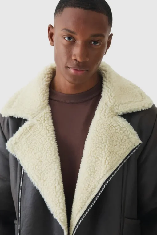 PU Borg Collar Aviator Jacket In Dark Brown