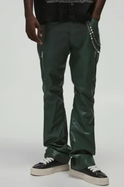 PU Fixed Waist Slim Flare Zip Trousers