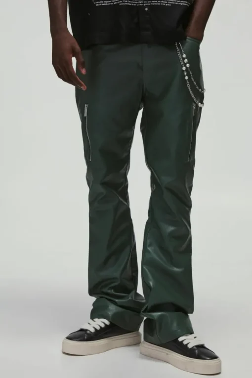 PU Fixed Waist Slim Flare Zip Trousers