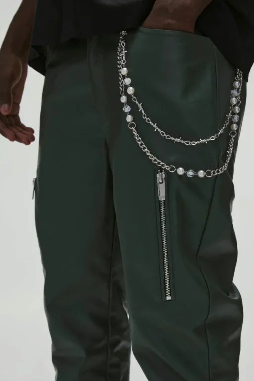 PU Fixed Waist Slim Flare Zip Trousers