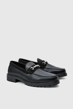 PU Loafer With Contrast Faux Suede Panel In Black