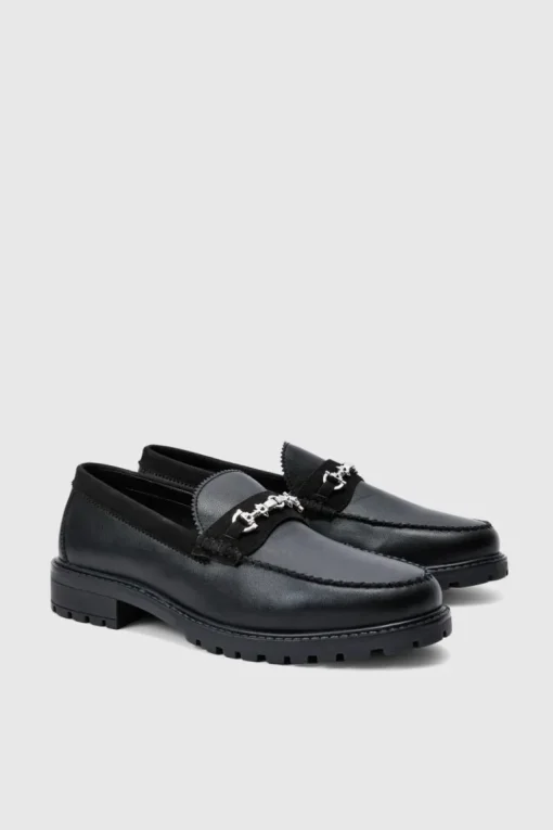 PU Loafer With Contrast Faux Suede Panel In Black