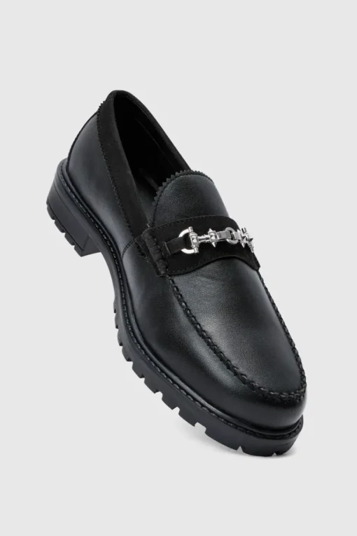 PU Loafer With Contrast Faux Suede Panel In Black