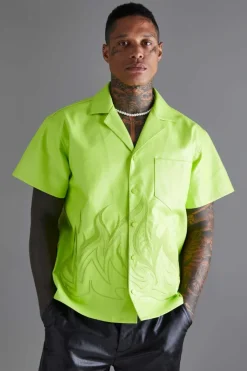 PU Short Sleeve Revere Boxy Applique Flame Shirt