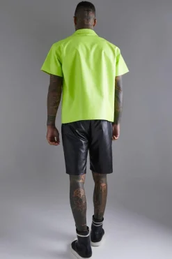 PU Short Sleeve Revere Boxy Applique Flame Shirt