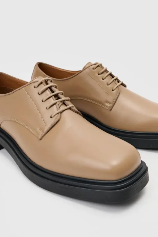 PU Square Toe Lace Up Loafer In Stone