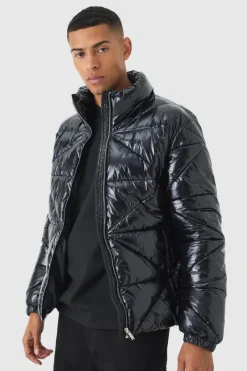 Quilted High Shine Vinyl Funnel Neck Puffer In Black