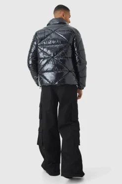 Quilted High Shine Vinyl Funnel Neck Puffer In Black
