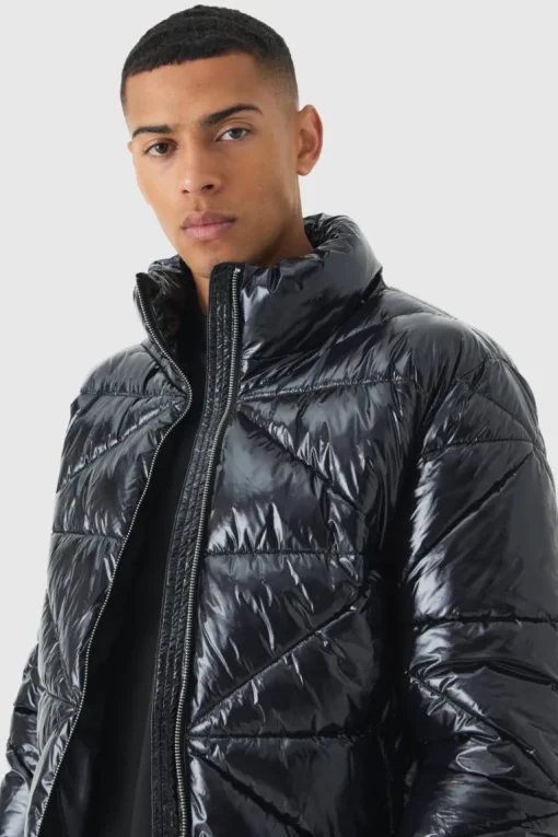Quilted High Shine Vinyl Funnel Neck Puffer In Black
