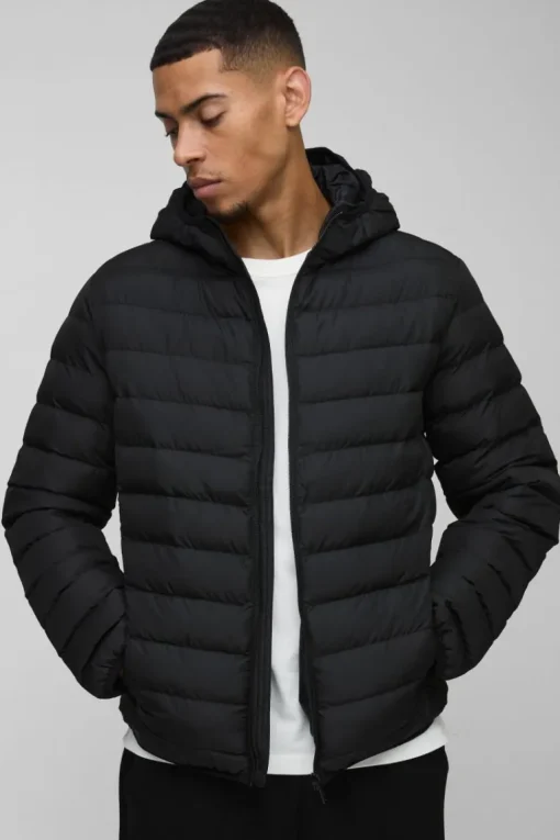 Quilted Zip Through Hooded Jacket In Black
