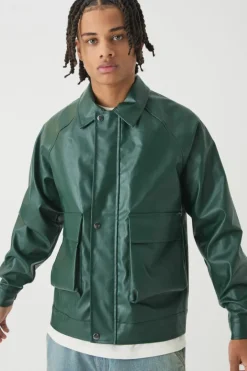 Raglan Sleeve PU Harrington Jacket In Green