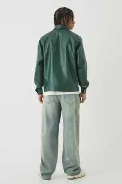 Raglan Sleeve PU Harrington Jacket In Green