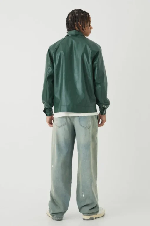 Raglan Sleeve PU Harrington Jacket In Green