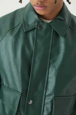 Raglan Sleeve PU Harrington Jacket In Green
