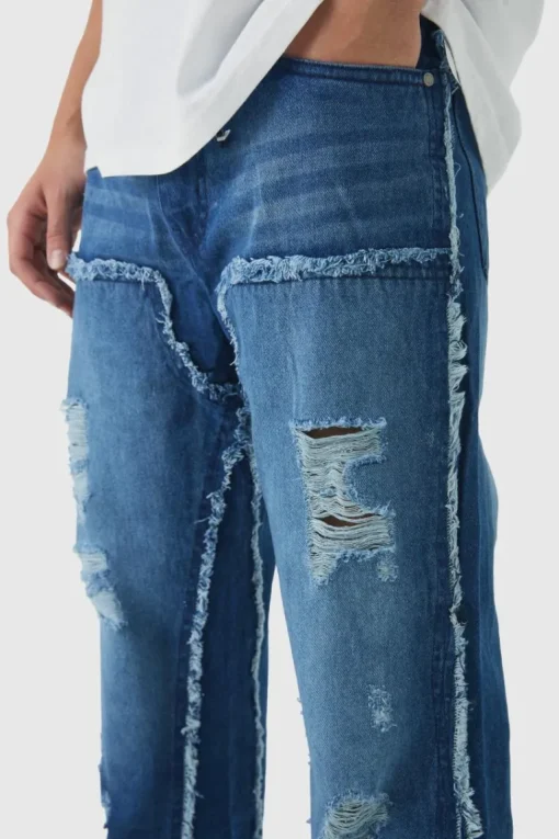 Raw Edge Rip & Repair Carpenter Panel Relaxed Fit Flared Jeans
