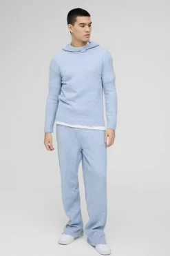 Regular Fit Brushed Knit Hoodie Split Hem Tracksuit
