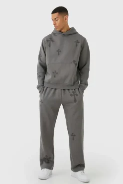 Regular Fit Cross Printed Hooded Tracksuit