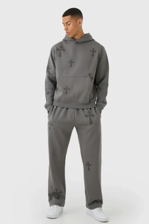 Regular Fit Cross Printed Hooded Tracksuit