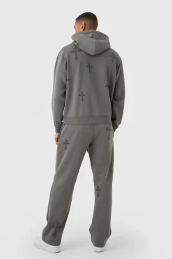 Regular Fit Cross Printed Hooded Tracksuit