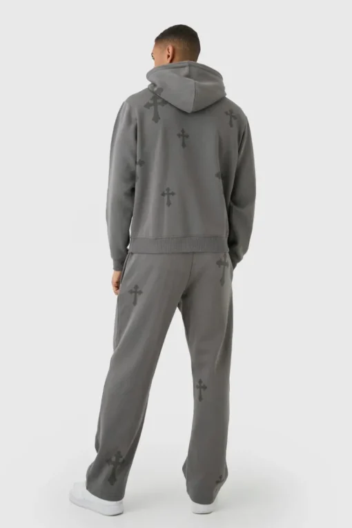 Regular Fit Cross Printed Hooded Tracksuit