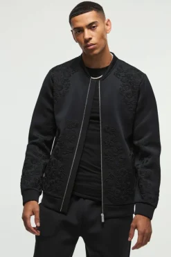 Regular Fit Floral Embroidered Scuba Bomber Jacket