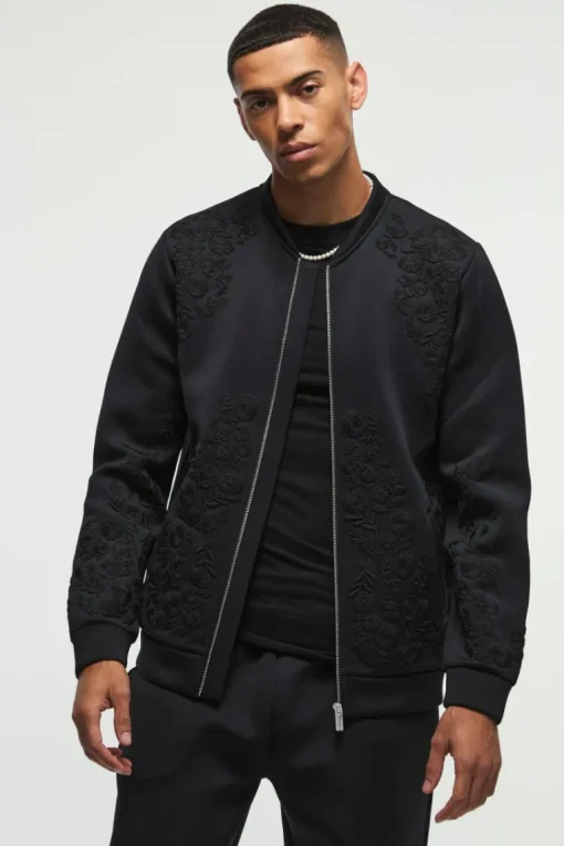 Regular Fit Floral Embroidered Scuba Bomber Jacket